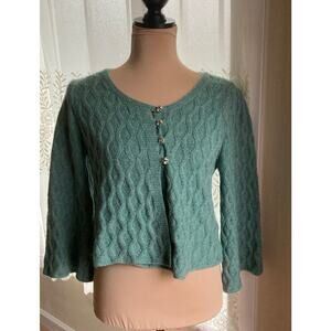 Charlie & Robin Cable Knit Cropped Cardigan S Aqua Teal Wool Rhinestone Buttons